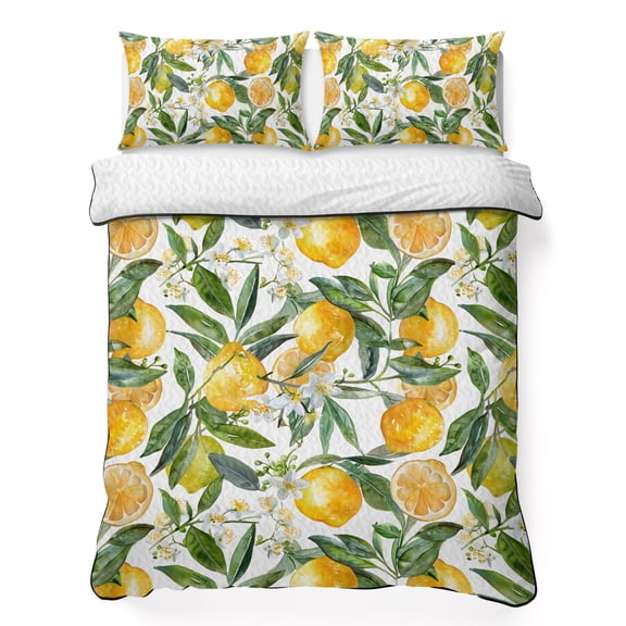 Queen Quilt Bedding Set, Yellow Lemon Green Leaves Flowers Soft Microfiber Summer Bedspread Coverlet with 2 Pillow Shams, Summer Fruit Watercolor Breathable Bedding Set for Hot Sleepers