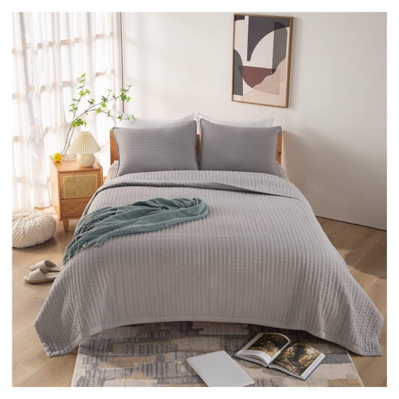 Queen Quilt Bedding Sets & Collections Modern Farmhouse Boho Luxury Neutral Stitch Bedspread Coverlet Soft Lightweight Grey Reversible Comforter for Summer (1 Quilt,2 Pillow Shams)