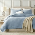 thumbnail image 1 of 3 Pcs Elegant Solid Color Quilt Set with Envelope Pillowcases, Soft and Lightweight, Queen, Blue, 1 of 9