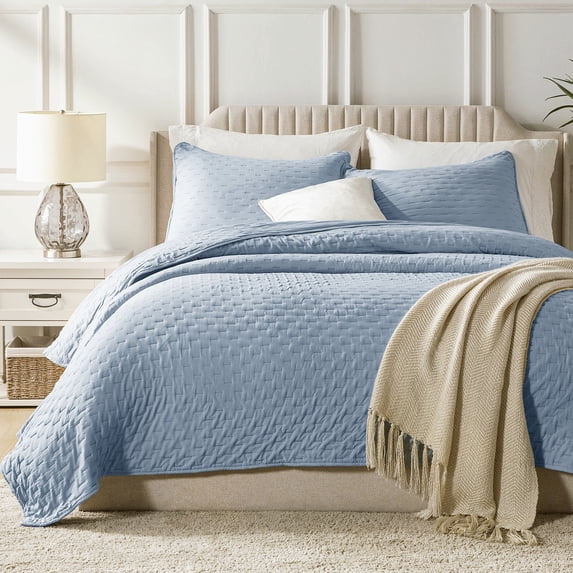 3 Pcs Elegant Solid Color Quilt Set with Envelope Pillowcases, Soft and Lightweight, Queen, Blue
