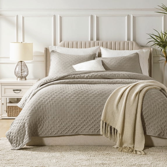 3 Pcs Elegant Solid Color Quilt Set with Envelope Pillowcases, Soft and Lightweight, Queen, Light Gray