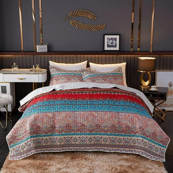Bohemian Quilt Set Queen - 3-Piece Microfiber Lightweight Bedspread for All Season (1 Quilt, 2 Shams)