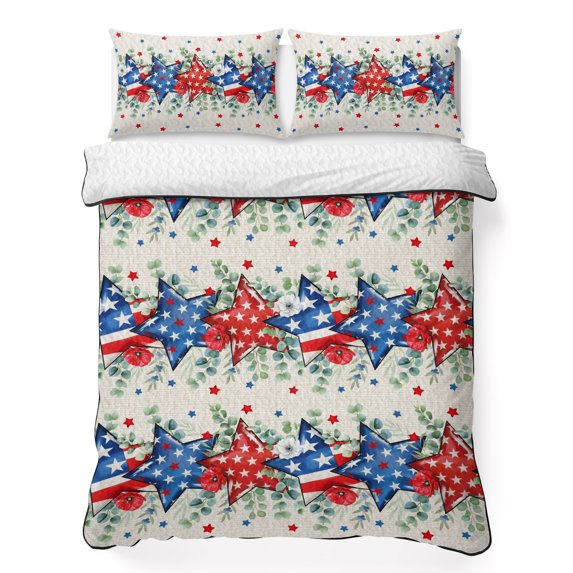 Queen Quilt Set 90''x96'', 4th of July Lightweight Summer Bedspread Coverlet Set with 2 Pillow Shams, Blue Red Stars Independence Day Rustic Breathable All Season Quilt Bedding for Bedroom/Guest Room