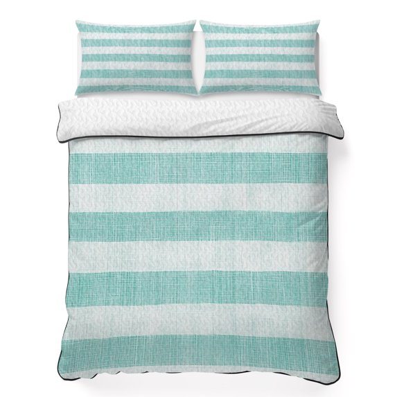 Queen Quilt Set 90''x96'', Aqua Striped Lightweight Summer Bedspread Coverlet Set with 2 Pillow Shams, Rustic Farmhouse Stripes Breathable All Season Quilt Bedding for Bedroom/Guest Room