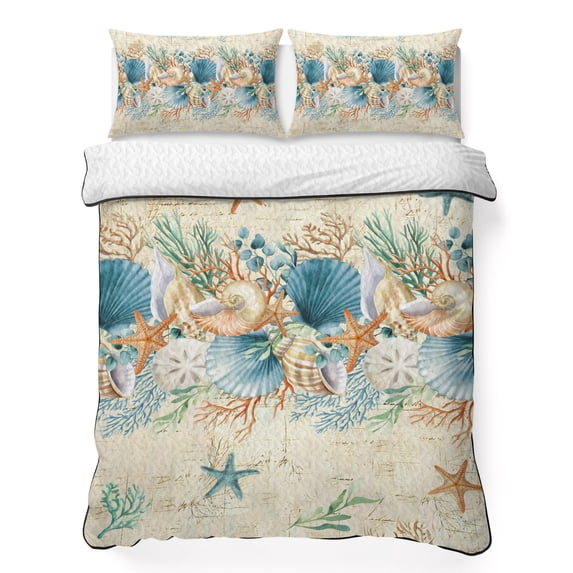 Queen Quilt Set 90''x96'', Beach Coastal Beige Lightweight Bedspread Coverlet Set with 2 Pillow Shams, Nautical Shell Starfish Coral Summer Breathable All Season Quilt Bedding for Bedroom/Guest Room