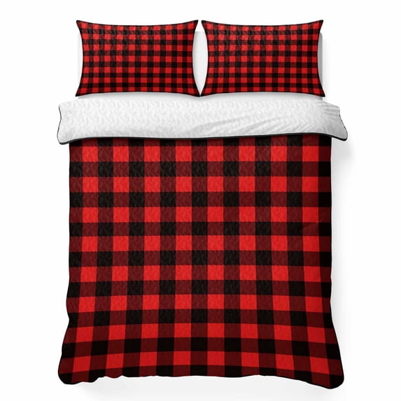 Queen Quilt Set 90''x96'', Black Red Plaid Lightweight Bedspread Coverlet Set with 2 Pillow Shams, Vintage Rustic Buffalo Checked Gingham Breathable All Season Quilt Bedding for Bedroom/Guest Room