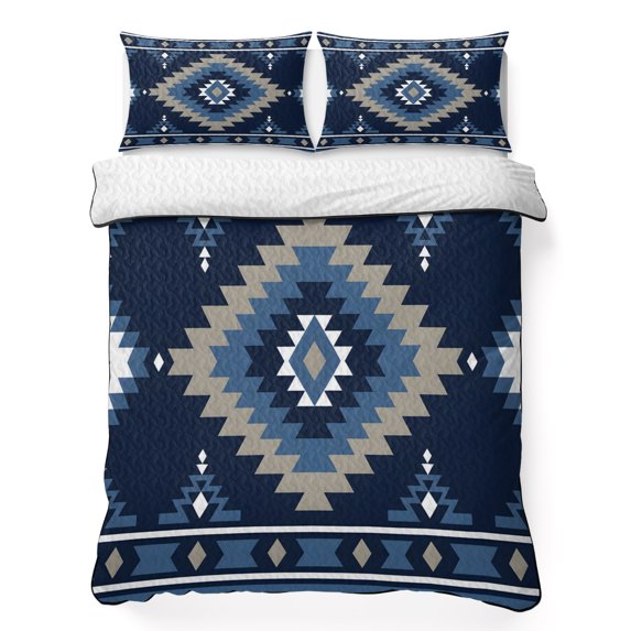 Queen Quilt Set 90''x96'', Blue Boho Lightweight Bedspread Coverlet Set with 2 Pillow Shams, Aztec Southwest Abstract Geometric Motifs Breathable All Season Quilt Bedding for Bedroom/Guest Room