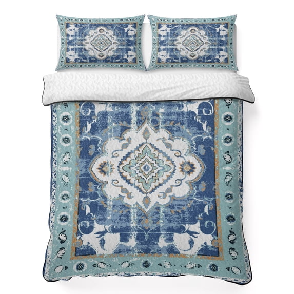 Queen Quilt Set 90''x96'', Blue Boho Lightweight Bedspread Coverlet Set with 2 Pillow Shams, Farmhouse Bohemian Medallion Oriental Flower Breathable All Season Quilt Bedding for Bedroom/Guest Room