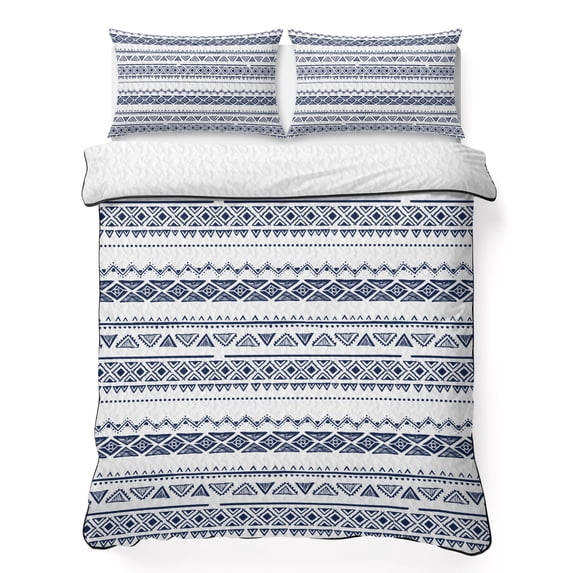 Queen Quilt Set 90''x96'', Blue Boho Stripes Lightweight Bedspread Coverlet Set with 2 Pillow Shams, Minimalist Geometric Tribal Ethnic Breathable All Season Quilt Bedding for Bedroom/Guest Room