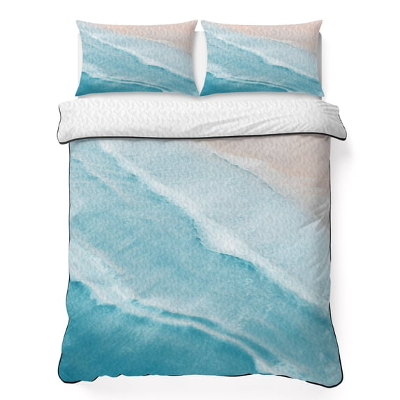 Queen Quilt Set 90''x96'', Blue Coastal Wave Lightweight Summer Bedspread Coverlet Set with 2 Pillow Shams, Summer Modern Ocean Beach Breathable All Season Quilt Bedding for Bedroom/Guest Room