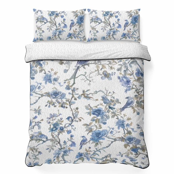 Queen Quilt Set 90''x96'', Blue Floral Birds Lightweight Summer Bedspread Coverlet Set with 2 Pillow Shams, Farmhouse Flowers Pastoral Breathable All Season Quilt Bedding for Bedroom/Guest Room