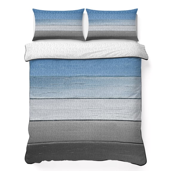 Queen Quilt Set 90''x96'', Blue Gray Lightweight Bedspread Coverlet Set with 2 Pillow Shams, Vintage Farmhouse Gradient Wooden Grain Art Breathable All Season Quilt Bedding for Bedroom/Guest Room