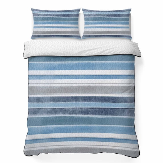 Queen Quilt Set 90''x96'', Blue Nordic Style Stripes Lightweight Summer Bedspread Coverlet Set with 2 Pillow Shams, Blue Gray Texture Breathable All Season Quilt Bedding for Bedroom/Guest Room