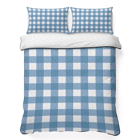 Queen Quilt Set 90''x96'', Blue White Plaid Lightweight Bedspread Coverlet Set with 2 Pillow Shams, Gradient Geometric Buffalo Checkered Breathable All Season Quilt Bedding for Bedroom/Guest Room