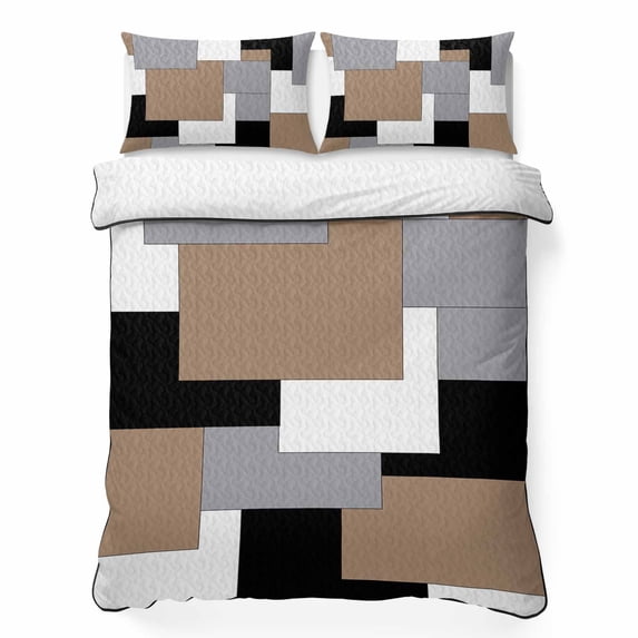 Queen Quilt Set 90''x96'', Brown Black Grey Lightweight Bedspread Coverlet with 2 Pillow Shams, Middle Century Irregular Geo Abstract Art Breathable All Season Quilt Bedding for Bedroom/Guest Room