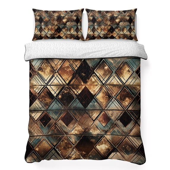 Queen Quilt Set 90''x96'', Brown Teal Geometric Lightweight Bedspread Coverlet Set with 2 Pillow Shams, Retro Modern Plaid Abstract Art Breathable All Season Quilt Bedding for Bedroom/Guest Room
