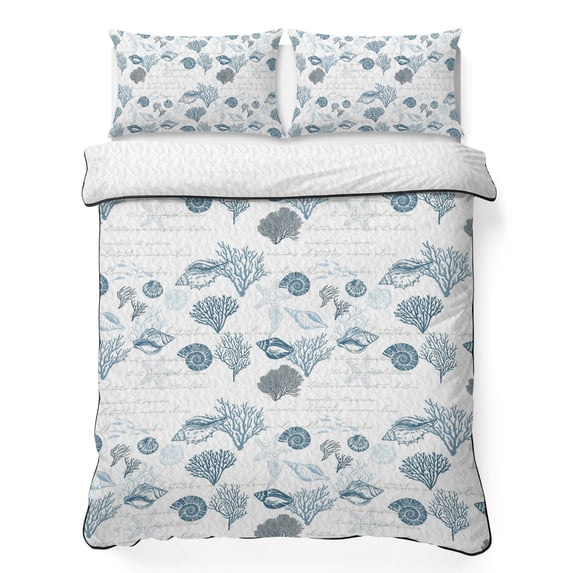 Queen Quilt Set 90''x96'', Coastal Blue Lightweight Bedspread Coverlet Set with 2 Pillow Shams, Retro Ocean Coral Shell Starfish Seahorse Breathable All Season Quilt Bedding for Bedroom/Guest Room