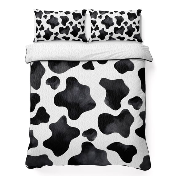 Queen Quilt Set 90''x96'', Cow Printed Lightweight Summer Bedspread Coverlet Set with 2 Pillow Shams, Farmhouse Black White Animals Textured Breathable All Season Quilt Bedding for Bedroom/Guest Room