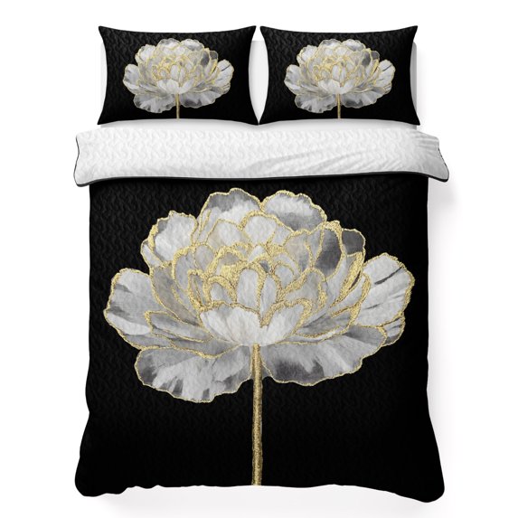 Queen Quilt Set 90''x96'', Flower Black Lightweight Summer Bedspread Coverlet Set with 2 Pillow Shams, Gold White Abstract Floral Aesthetic Breathable All Season Quilt Bedding for Bedroom/Guest Room