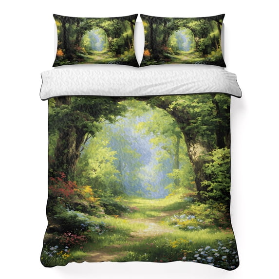 Queen Quilt Set 90''x96'', Forest Lightweight Bedspread Coverlet Set with 2 Pillow Shams, Nature Woodland Spring Scenic Green Trees Flower Breathable All Season Quilt Bedding for Bedroom/Guest Room