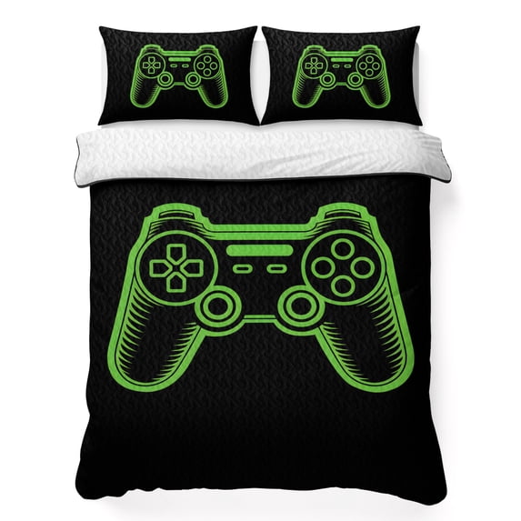 Queen Quilt Set 90''x96'', Green Game Controller Lightweight Bedspread Coverlet Set with 2 Pillow Shams, Modern Art Gaming Handheld Black Breathable All Season Quilt Bedding for Bedroom/Guest Room