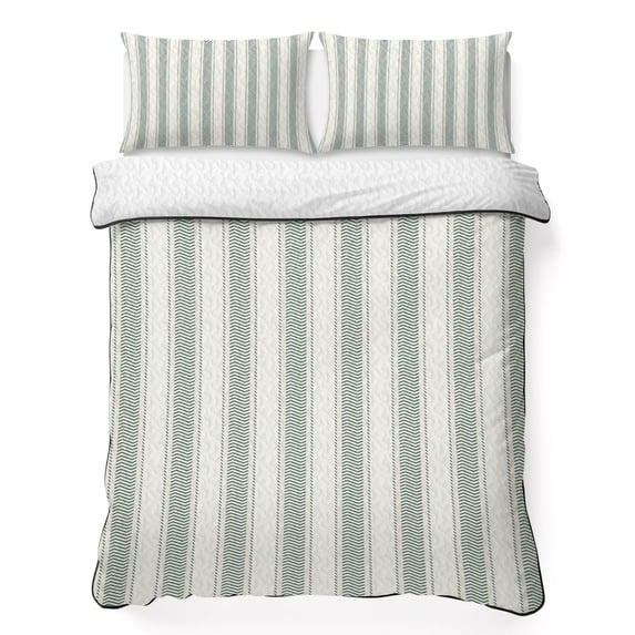 Queen Quilt Set 90''x96'', Green Stripe Lightweight Summer Bedspread Coverlet Set with 2 Pillow Shams, Modern Farmhouse Geometric Striped Breathable All Season Quilt Bedding for Bedroom/Guest Room