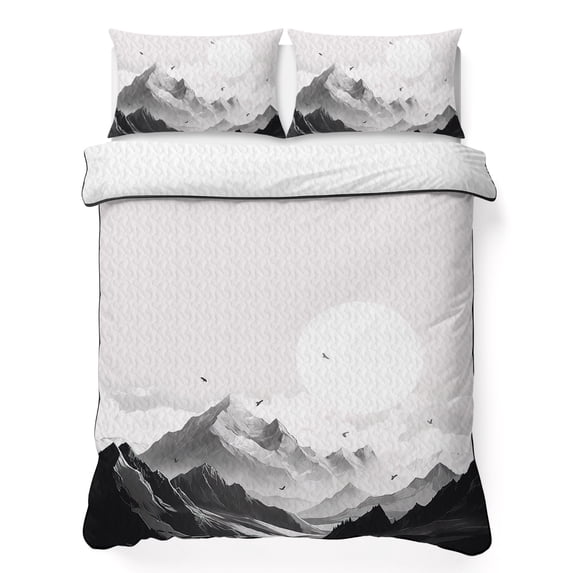 Queen Quilt Set 90''x96'', Mountain Lightweight Summer Bedspread Coverlet Set with 2 Pillow Shams, Eagle Sky Cloud Black and White Landscape Breathable All Season Quilt Bedding for Bedroom/Guest Room