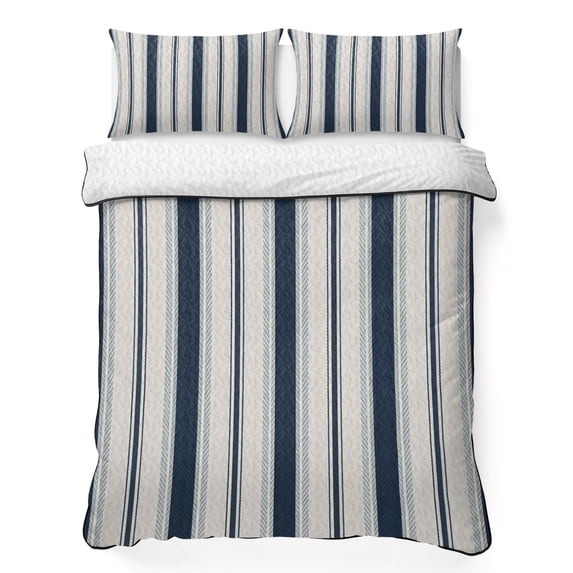 Queen Quilt Set 90''x96'', Navy Blue Beige Lightweight Bedspread Coverlet Set with 2 Pillow Shams, Retro Simple Abstract Vertical Stripes Breathable All Season Quilt Bedding for Bedroom/Guest Room