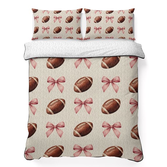 Queen Quilt Set 90''x96'', Pink Bow Football Lightweight Summer Bedspread Coverlet Set with 2 Pillow Shams, Modern Game Balls Retro Burlap Breathable All Season Quilt Bedding for Bedroom/Guest Room