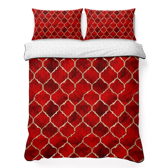 Queen Quilt Set 90''x96'', Red Geometric Lightweight Summer Bedspread Coverlet Set with 2 Pillow Shams, Modern Morocco Abstract Art Breathable All Season Quilt Bedding for Bedroom/Guest Room