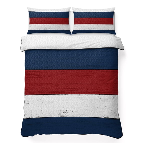 Queen Quilt Set 90''x96'', Red Navy Blue Stripe Lightweight Bedspread Coverlet Set with 2 Pillow Shams, Retro Farmhouse Striped Vintage Breathable All Season Quilt Bedding for Bedroom/Guest Room