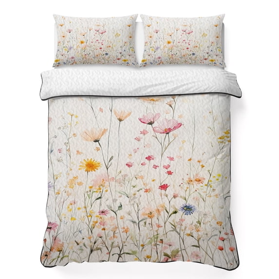 Queen Quilt Set 90''x96'', Spring Flowers Lightweight Bedspread Coverlet Set with 2 Pillow Shams, Watercolor Wildflowers Farmhouse Floral Breathable All Season Quilt Bedding for Bedroom/Guest Room
