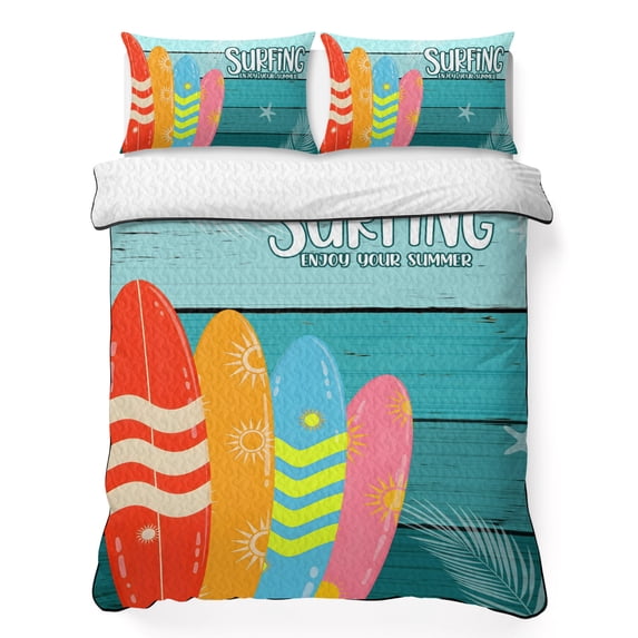 Queen Quilt Set 90''x96'', Surfboard Lightweight Bedspread Coverlet Set with 2 Pillow Shams, Summer Starfish Palm Leaf Wood Grain Blue Breathable All Season Quilt Bedding for Bedroom/Guest Room