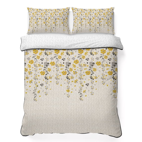 Queen Quilt Set 90''x96'', Weeping Flowers Lightweight Bedspread Coverlet Set with 2 Pillow Shams, Yellow Grey Spring Floral Rustic Burlap Breathable All Season Quilt Bedding for Bedroom/Guest Room