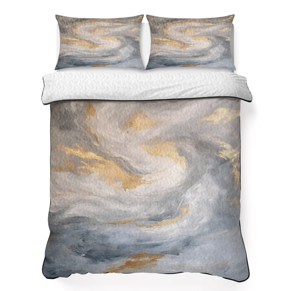 Queen Quilt Set 90''x96'', Yellow Grey Ombre Lightweight Bedspread Coverlet Set with 2 Pillow Shams, Modern Marble Ink Painting Abstract Breathable All Season Quilt Bedding for Bedroom/Guest Room