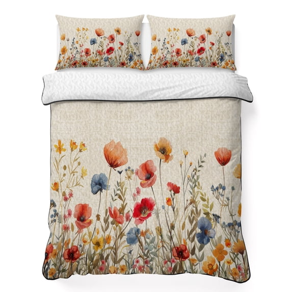 Queen Quilt Set 90''x96'', Yellow Red Blue Spring Floral Bedspread Coverlet with 2 Pillow Shams, Watercolor Botanical Summer Flowers Breathable All Season Quilt Bedding for Bedroom/Guest Room