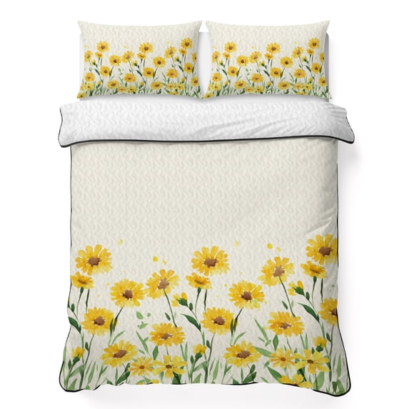 Queen Quilt Set 90''x96'', Yellow Spring Floral Lightweight Summer Bedspread Coverlet Set with 2 Pillow Shams, Pastoral Flowers Daisy Breathable All Season Quilt Bedding for Bedroom/Guest Room