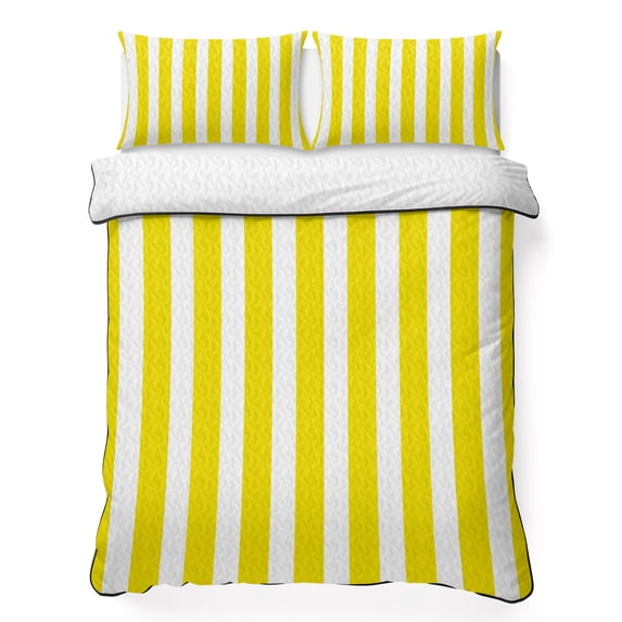 Queen Quilt Set 90''x96'', Yellow Striped Lightweight Bedspread Coverlet Set with 2 Pillow Shams, Modern Farmhouse Yellow White Stripes Breathable All Season Quilt Bedding for Bedroom/Guest Room