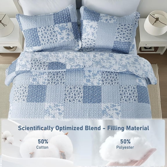 Queen Quilt Set 90x90 Inches, Blue Floral Boho Bedspread Farmhouse Quilting Bedding Set, Lightweight Washed Coverlet Set, Reversible Bed Cover, Quilts Queen Size with 2 Pillow Shams All-Season