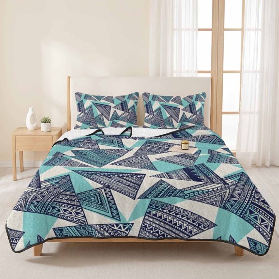Queen Quilt Set, Abstract Tribal Triangle Pattern Lightweight Quilt Sets Summer Comforter Coverlets with 2 Pillow Shams, Rustic Geometric Art Breathable 3 Piece Bedding Set for All Seasons
