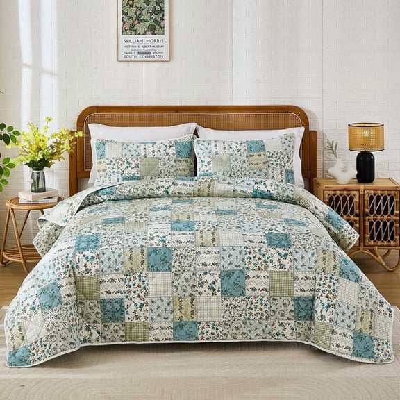 Queen Quilt Set for Bed - 100% Cotton Quilts Queen Size, Green, Sage Bedspreads with 2 Pillowcases, 3 Pcs Patchwork Reversible Lightweight Bedding for All Season