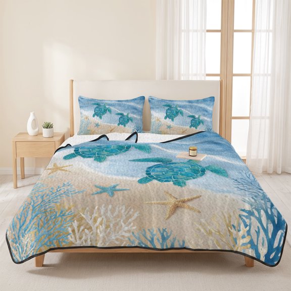 Queen Quilt Set, Blue Ocean Wave Sea Turtle Lightweight Quilt Sets Summer Comforter Coverlets with 2 Pillow Shams, Seaside Starfish Coral Breathable 3 Piece Bedding Set for All Seasons