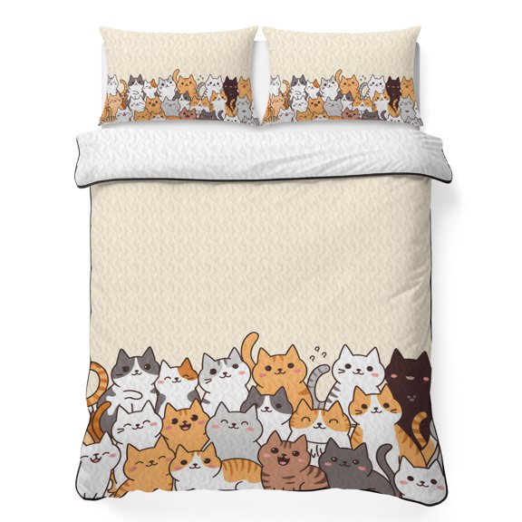 Queen Quilt Set, Cartoon Pet Cat Lightweight Quilt Sets Summer Comforter Coverlets with 2 Pillow Shams, Funny Cute Kitty Breathable 3 Piece Bedding Set for All Seasons