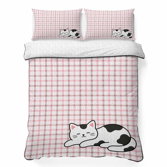 Queen Quilt Set, Cartoon White Black Cute Kitty Lightweight Quilt Sets Summer Comforter Coverlets with 2 Pillow Shams, Pink White Plaid Breathable 3 Piece Bedding Set for All Seasons