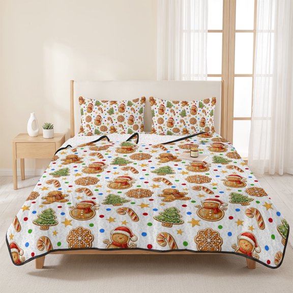 Queen Quilt Set, Christmas Snowman Cute Cookie Lightweight Quilt Sets Summer Comforter Coverlets with 2 Pillow Shams, Xmas Tree Colorful Dots Breathable 3 Piece Bedding Set for All Seasons
