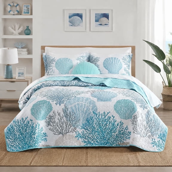 Queen Quilt Set Coastal Beach Bedding, 3 Piece Reversible Microfiber Quilt with 2 Shams, Lightweight Nautical Bedspread Coverlet, Soft Summer Comforter for Bedroom, All Season Bedding, 90"x96"