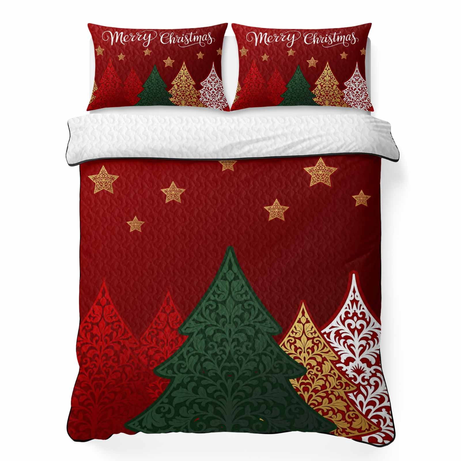 Queen Quilt Set, Merry Christmas Abstract Pine Tree Lightweight Quilt ...