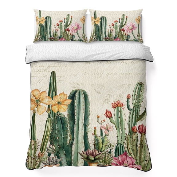 Queen Quilt - Soft Microfiber Summer Quilt with 2 Pillow Shams, Vintage Green Cactus Lightweight Breathable Bedding Comforter Sets, Spring Floral Watercolor Botanical Quilted Bedspread