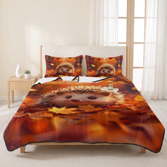 Queen Quilts Bedding Set,Autumn Maple Leaves Cute Hedgehog Soft Warm Quilted Bedspread Comforter with Pillow Shams,Cartoon Orange Leaves All Season Coverlet Bed Decor Blankets