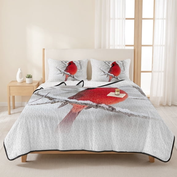 Queen Quilts Bedding Set,Christmas Cardinal Bird Soft Warm Quilted Bedspread Comforter with Pillow Shams,Winter Snow Branch All Season Coverlet Bed Decor Blankets